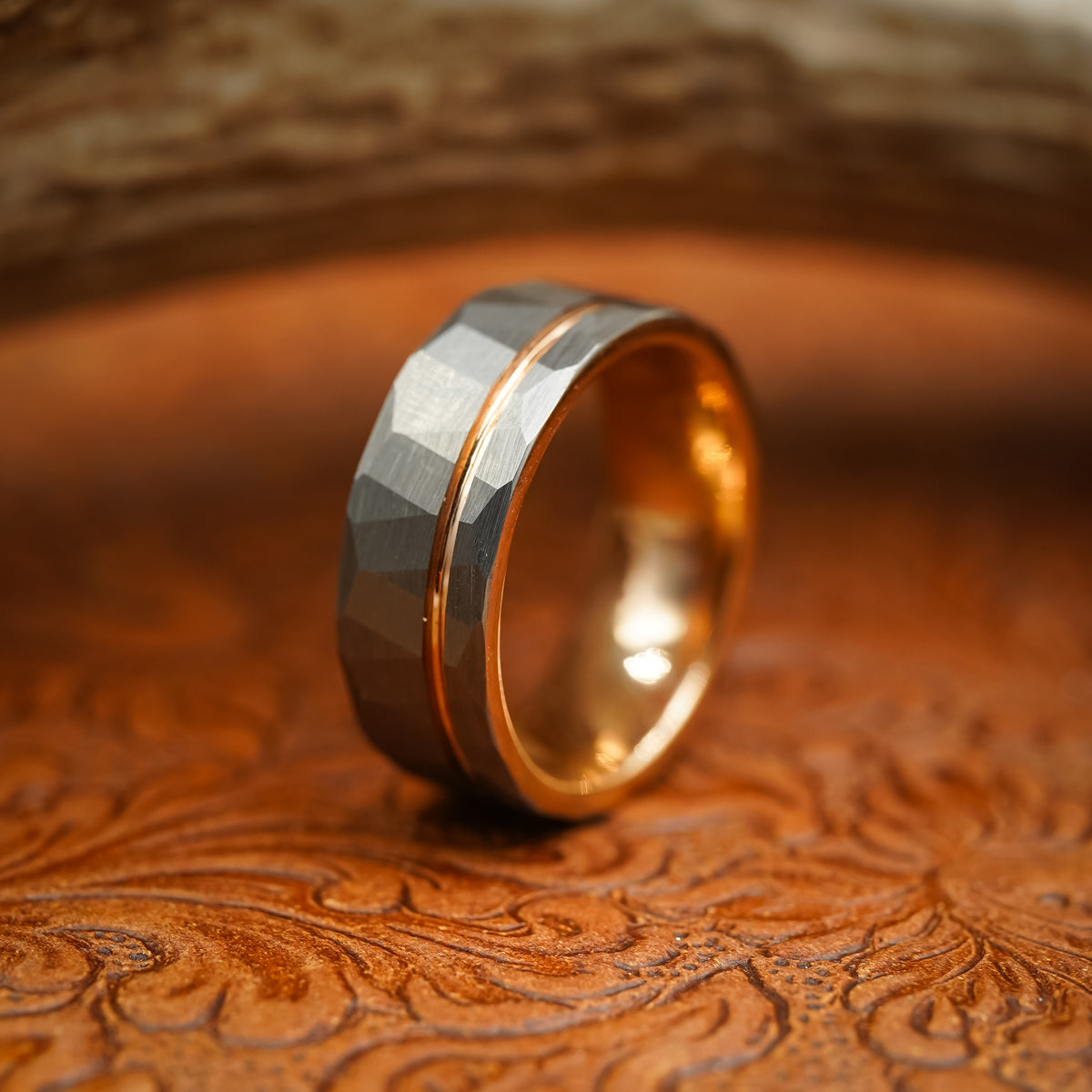 The Sheridan | Gun Metal Grey and Rose Gold Hammered Edge Tungsten