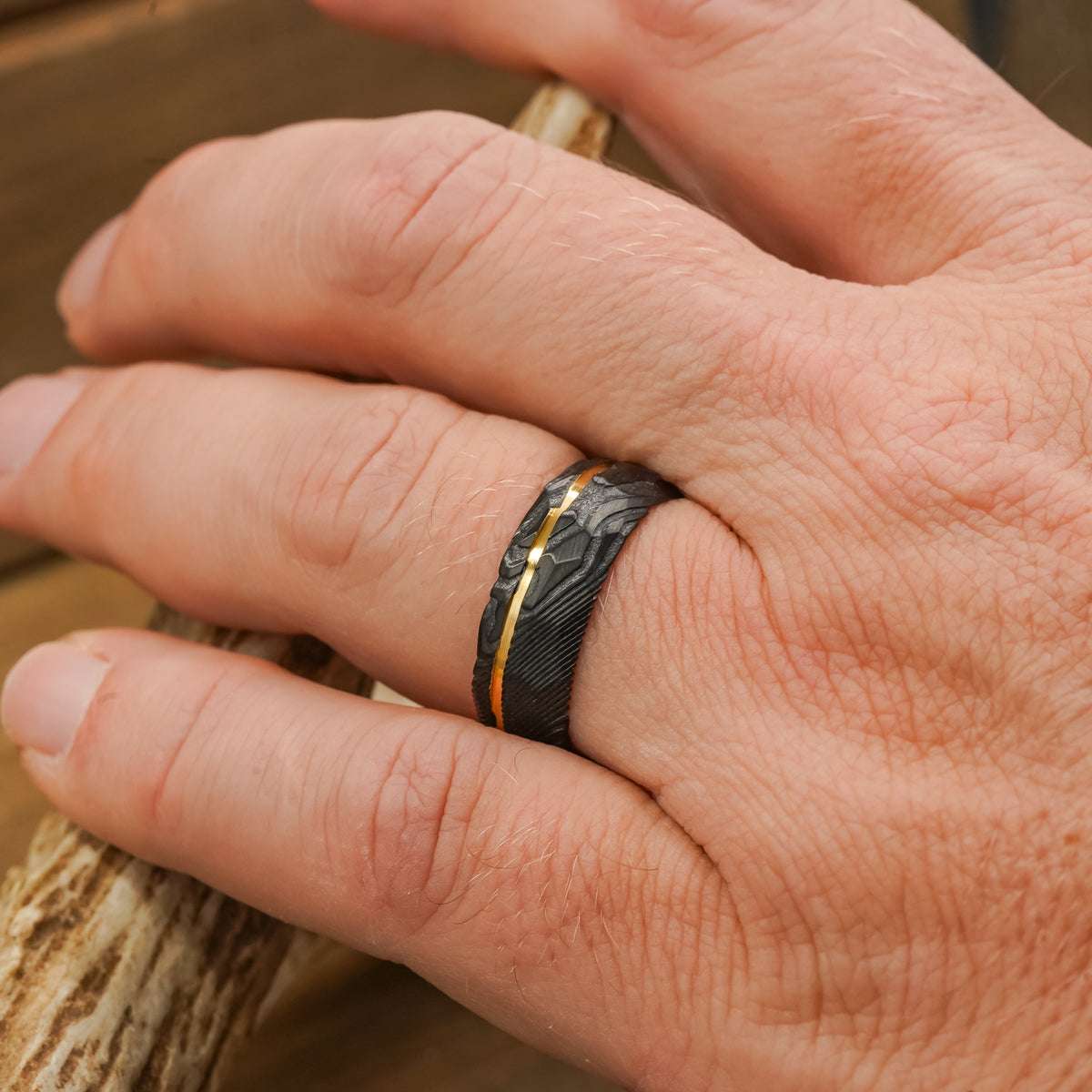 The Vogel | Men's Domed Hammered Band with Yellow Gold Offset