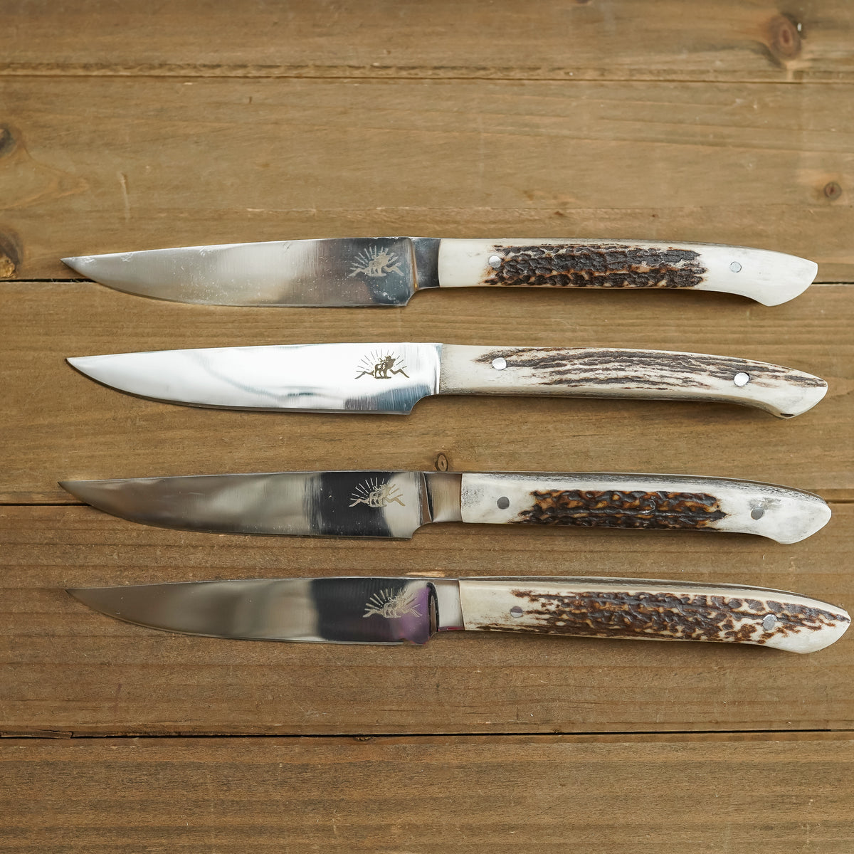 Straight Edge Stag Steak Knife Set Set of 4 Stag Antler Handle Flat