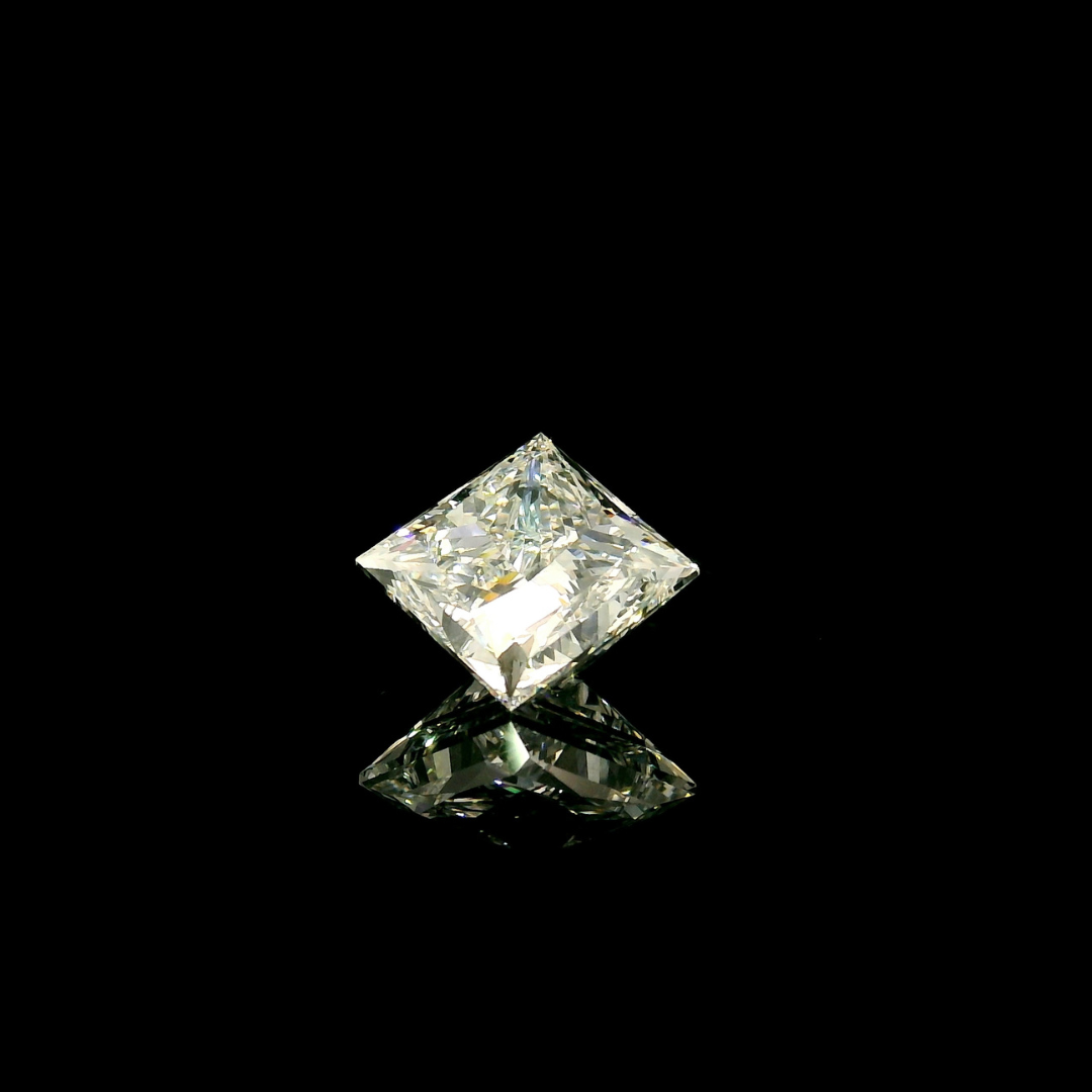A 3 ct. Princess Cut Lab Grown Diamond centered against a black background with a visible reflection below it.