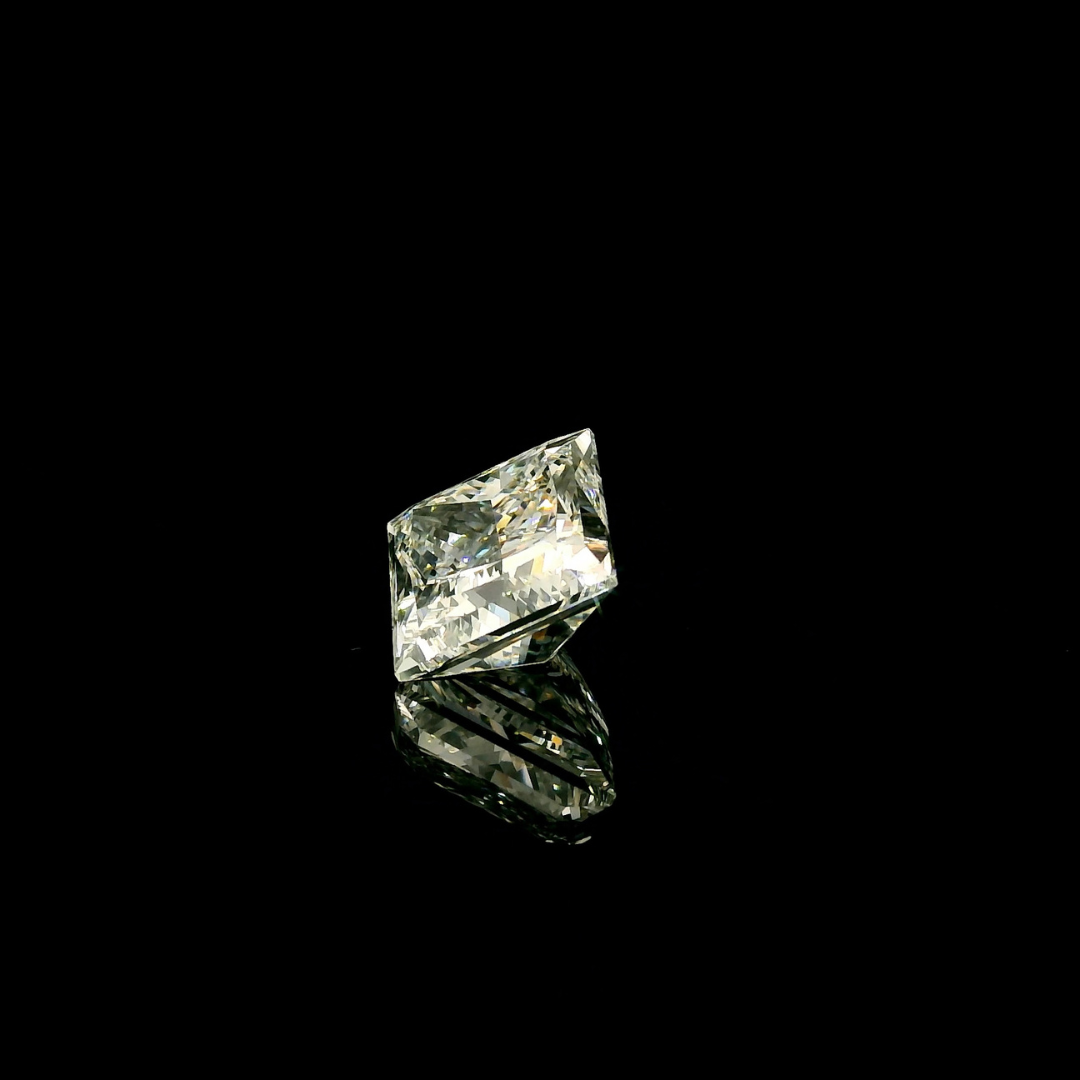 A 3 ct. Princess Cut Lab Grown Diamond reflecting on a black surface.