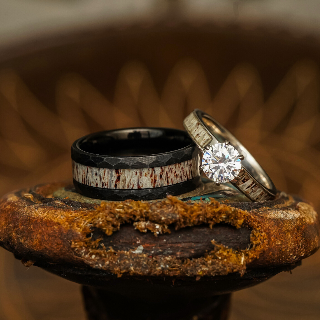 Ringcrown Couple Rings Set - Black & Red CZ Women's Ring With Men's Titanium Steel Band - View #6