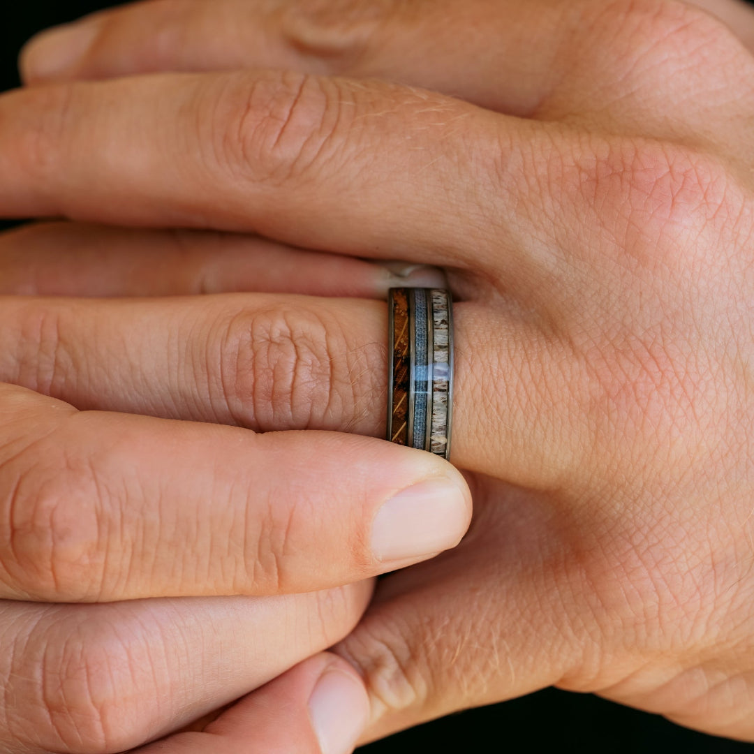 The Bodacious | Men's Tungsten Whiskey Barrel and Denim Antler Ring ...