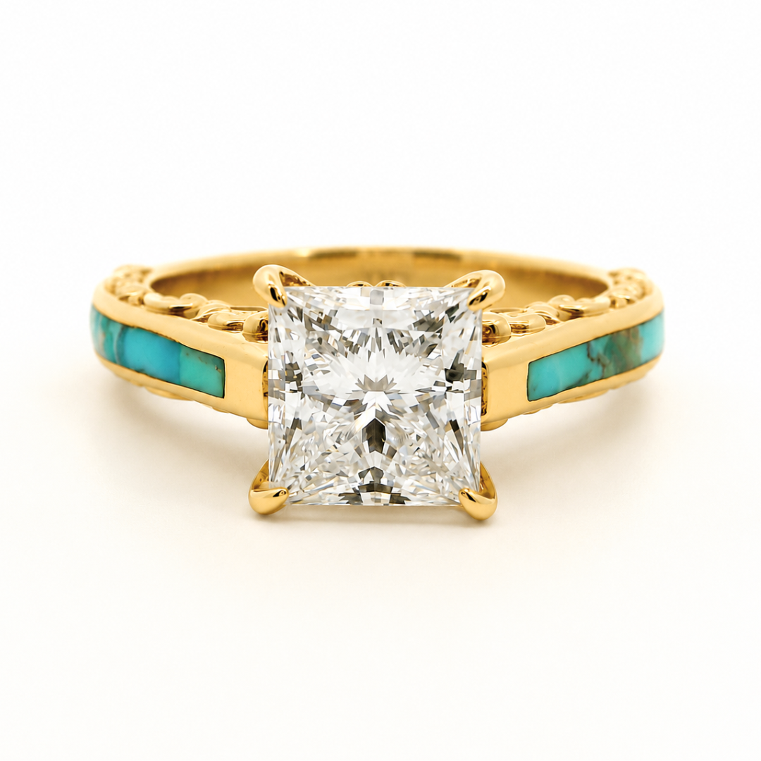 The Diamond Emory ring, crafted in gold, showcases a prominent square-cut lab-grown diamond at its center and bold turquoise inlays accenting the band, all presented against a white background.