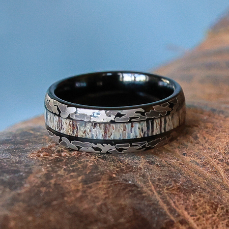 The Goliad | 8mm Black Camo Tungsten Carbide Antler Ring