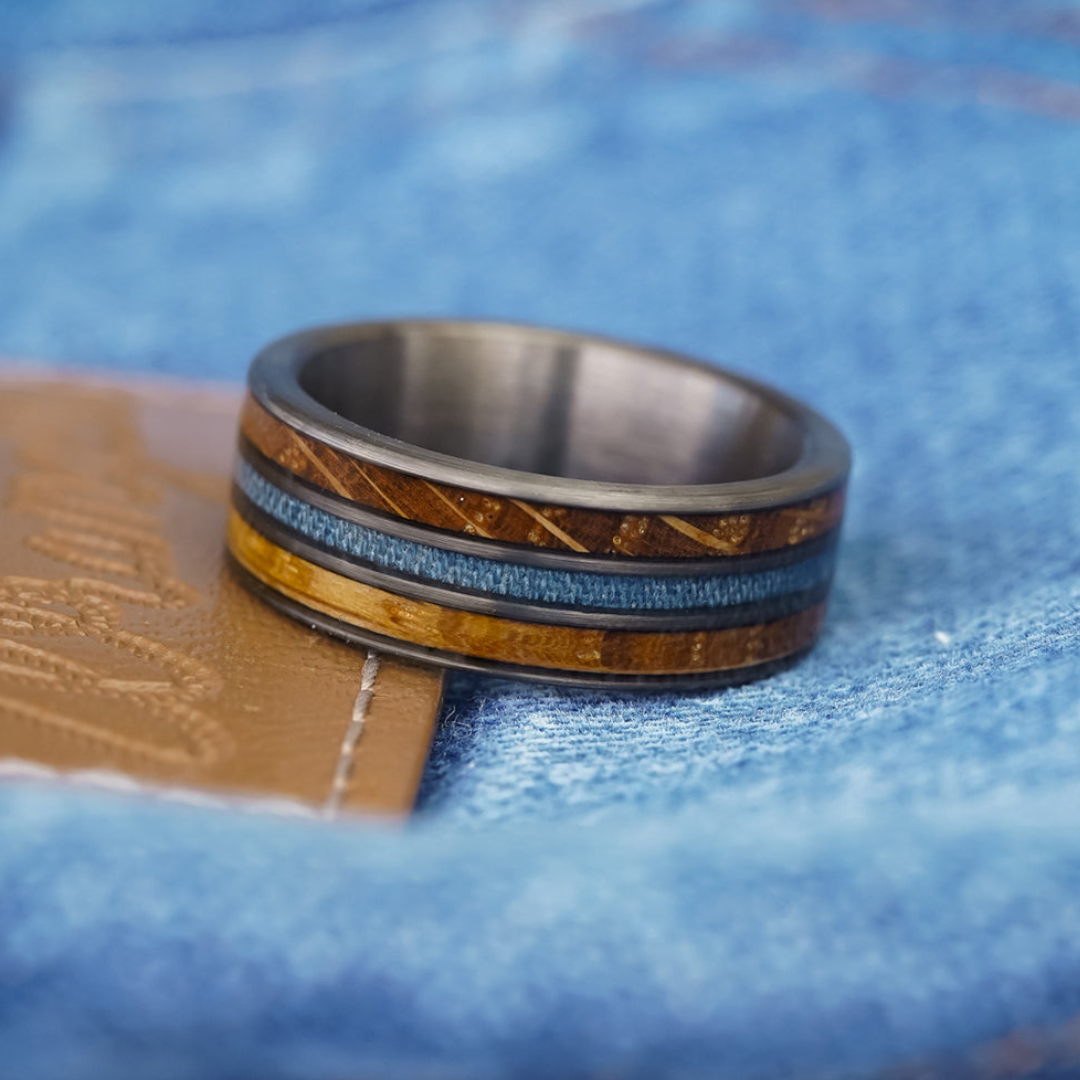 The Lane | Black Tungsten Whiskey Barrel Denim Ring – AntlerRings.com The Lane | Black Tungsten Whiskey Barrel Denim Ring – AntlerRings.com