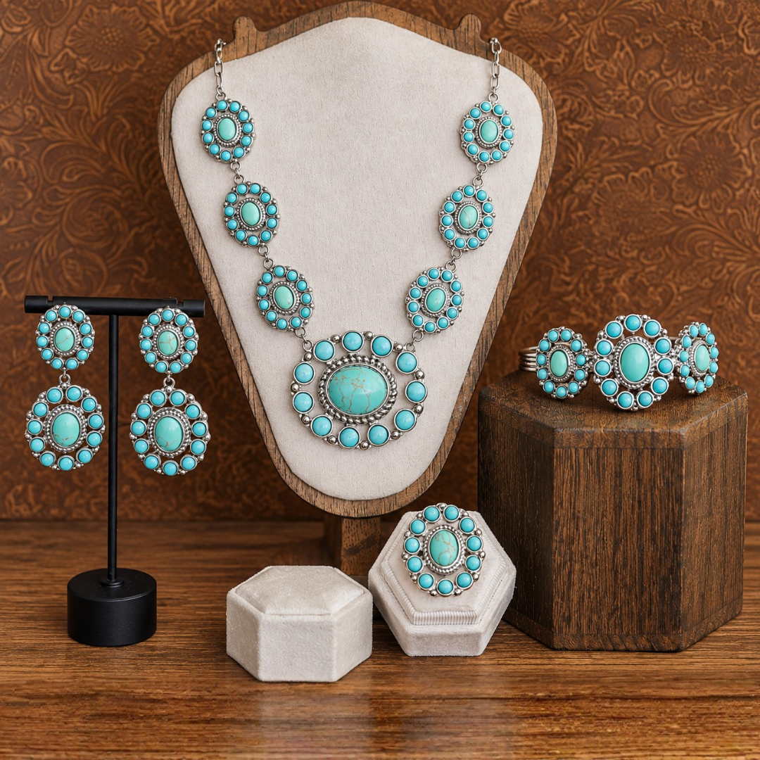 The Nellie Ring—a striking Western statement piece—featured alongside a turquoise jewelry set with a necklace, earrings, and bracelet, displayed on stands and boxes against a brown patterned background.