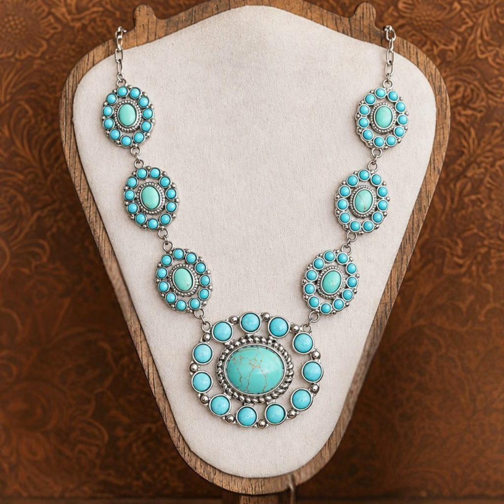 The Nellie is a statement turquoise necklace featuring large turquoise stones set in silver, arranged in round, ornate patterns inspired by American West jewelry. It is displayed on a beige jewelry bust against a brown, textured background.