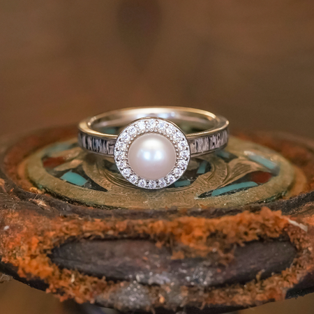 The Pearl Lake | Women's Haloed Pearl Antler Inlay Engagement Ring