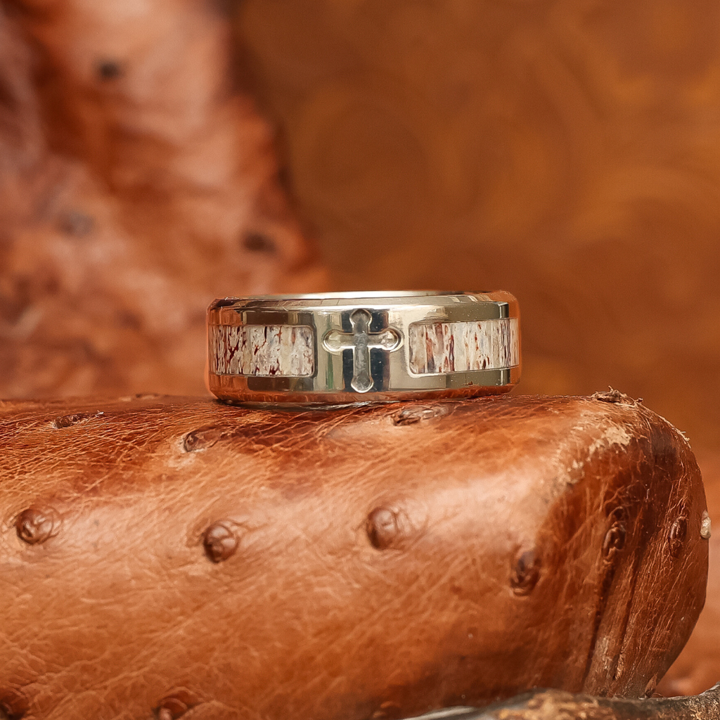 The Men's Revival | 8mm Carved Titanium Etched Cross Antler Ring