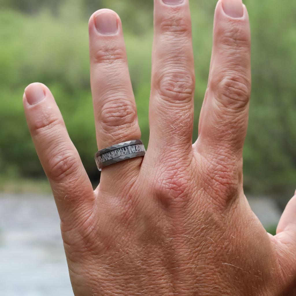 GOD LOVES LAKE SUPERIOR | Blue Maple, Lake Superior Beach Sand and Ground  Caribou Antler - Titanium Wedding Rings
