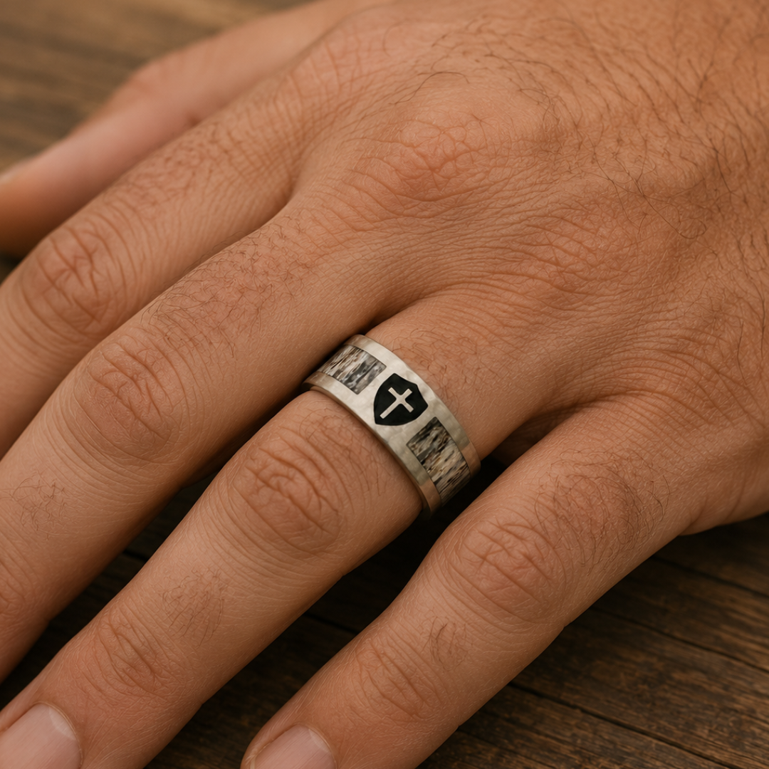 A hand wearing The Shield of Faith, a silver Christian wedding band adorned with a black shield-shaped emblem featuring a white cross, rests on a wooden surface.