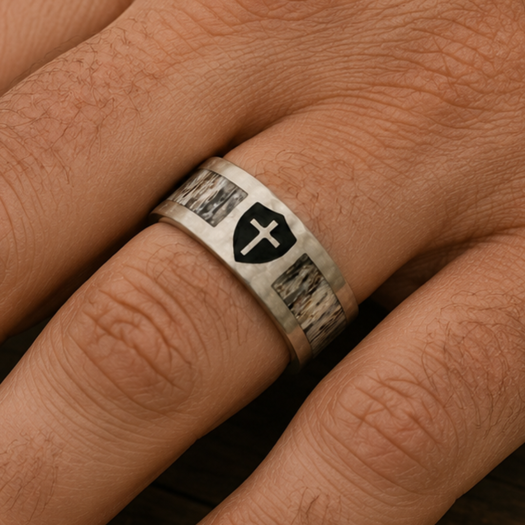 A close-up of a hand wearing The Shield of Faith, a silver Christian wedding band that features a black shield with a white cross and textured inlays on either side. Reminiscent of a titanium antler ring, this striking piece is showcased on the middle finger.