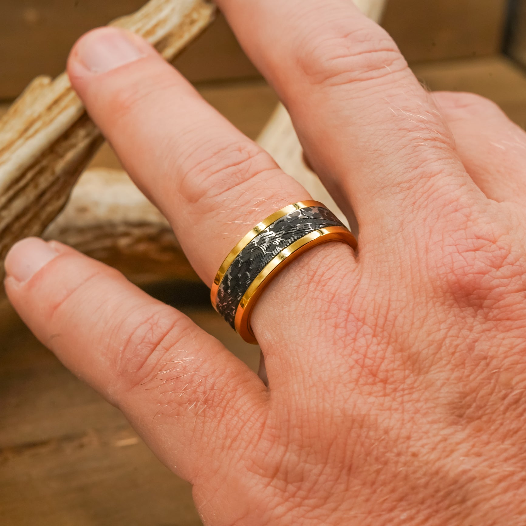 Dionysus Whisky Barrel Wood x Antler Ring- Yellow Gold Tungsten 8mm / 8.5