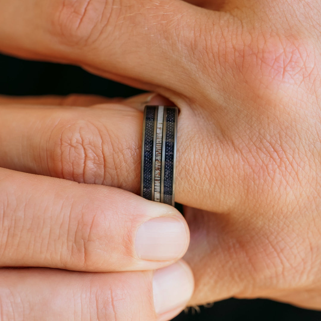Leon Ring Rer The Leon | Black Tungsten Denim Antler Ring – AntlerRings.com