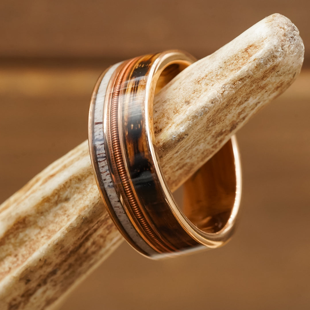 Dionysus Whisky Barrel Wood x Antler Ring- Yellow Gold Tungsten 8mm / 8.5