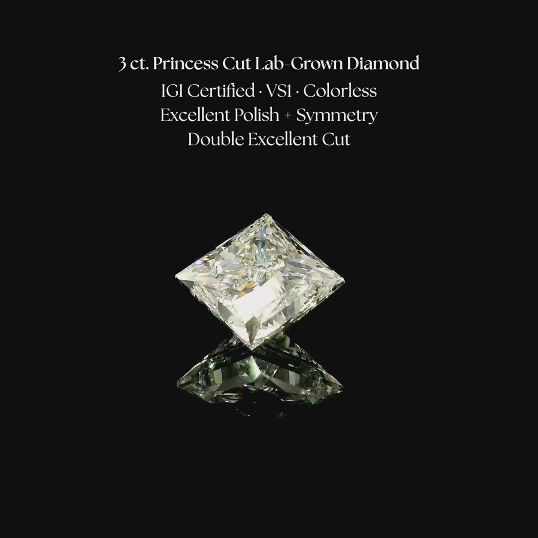 Load and play video in Gallery viewer, 3 ct. Princess Cut Lab Grown Diamond
