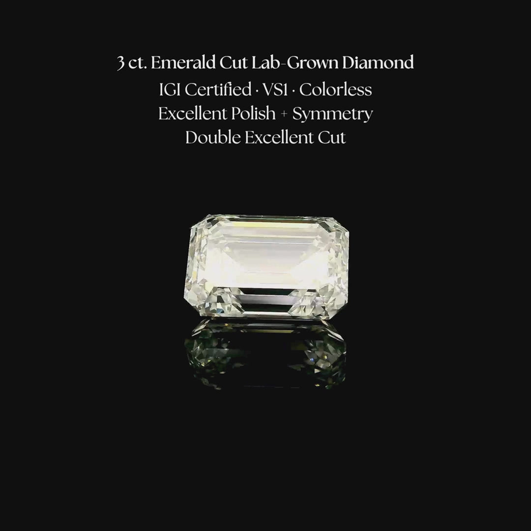Load and play video in Gallery viewer, 3 ct. Emerald Cut Lab Grown Diamond
