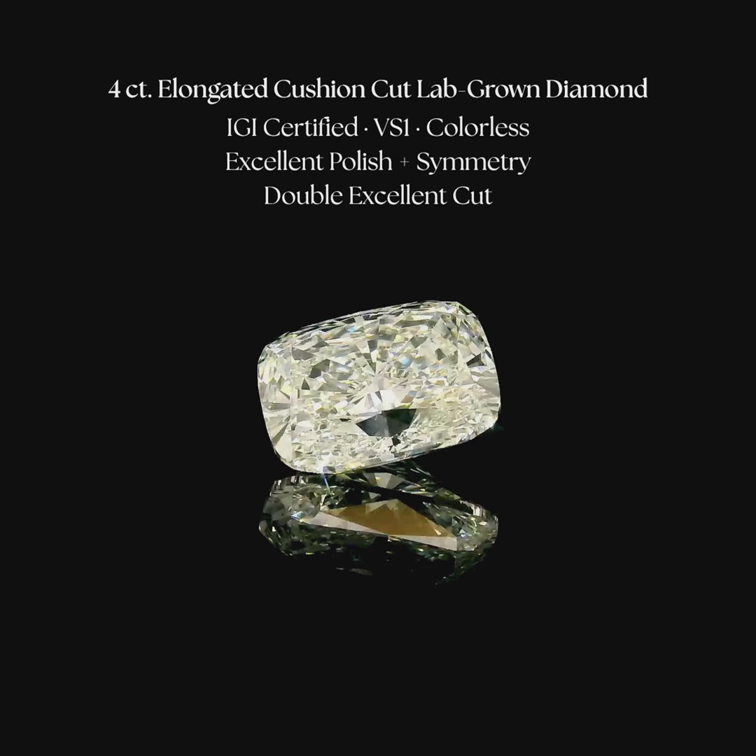 Load and play video in Gallery viewer, 4 ct. Elongated Cushion Cut Lab Grown Diamond
