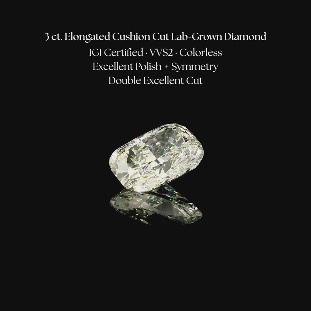 Load and play video in Gallery viewer, 3 ct. Elongated Cushion Cut Lab Grown Diamond
