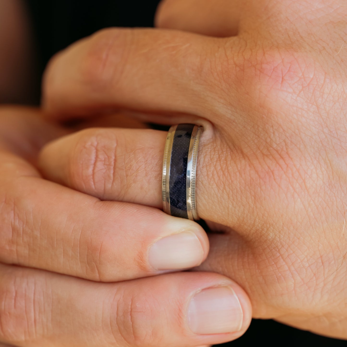 The Ty | Men's 8mm Milgrain Edge Titanium Denim Ring – AntlerRings.com