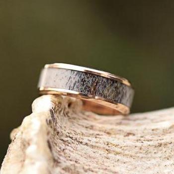 The Shiner - 14K 8mm Rose Gold, Beveled Edge, Ombre Inlaid Antler Ring ...