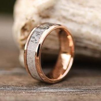 The Shiner - 14K 8mm Rose Gold, Beveled Edge, Ombre Inlaid Antler Ring ...