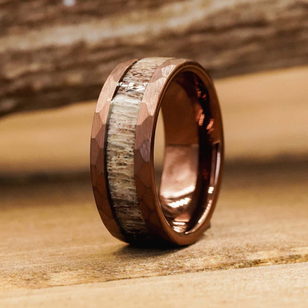 The Sierra Nevada 8mm Brown Hammered Tungsten Antler Ring AntlerRings
