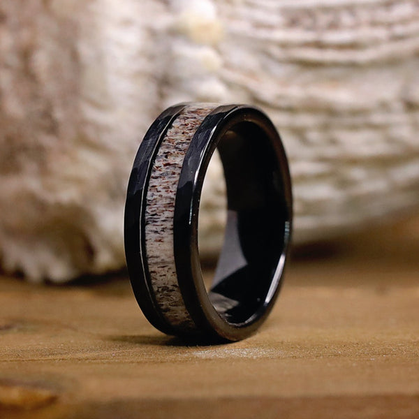 The Bighorn | 8mm Black Hammered Tungsten Carbide Antler Ring