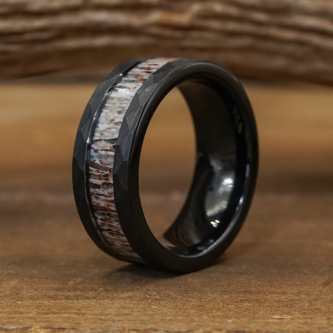 The Bighorn 8mm Black Hammered Tungsten Carbide Antler Ring