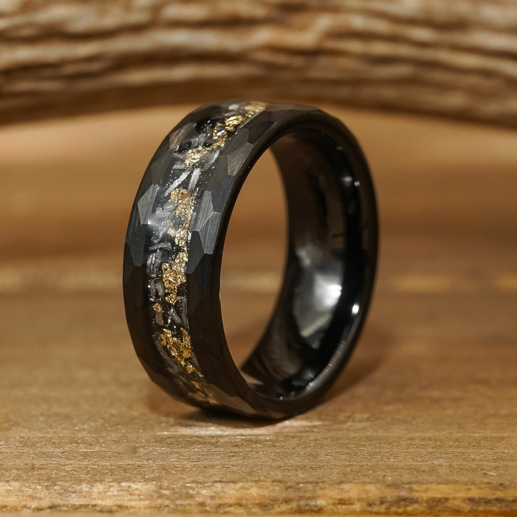The Brenham | Men's Black Tungsten Crushed Meteorite & Gold Leaf