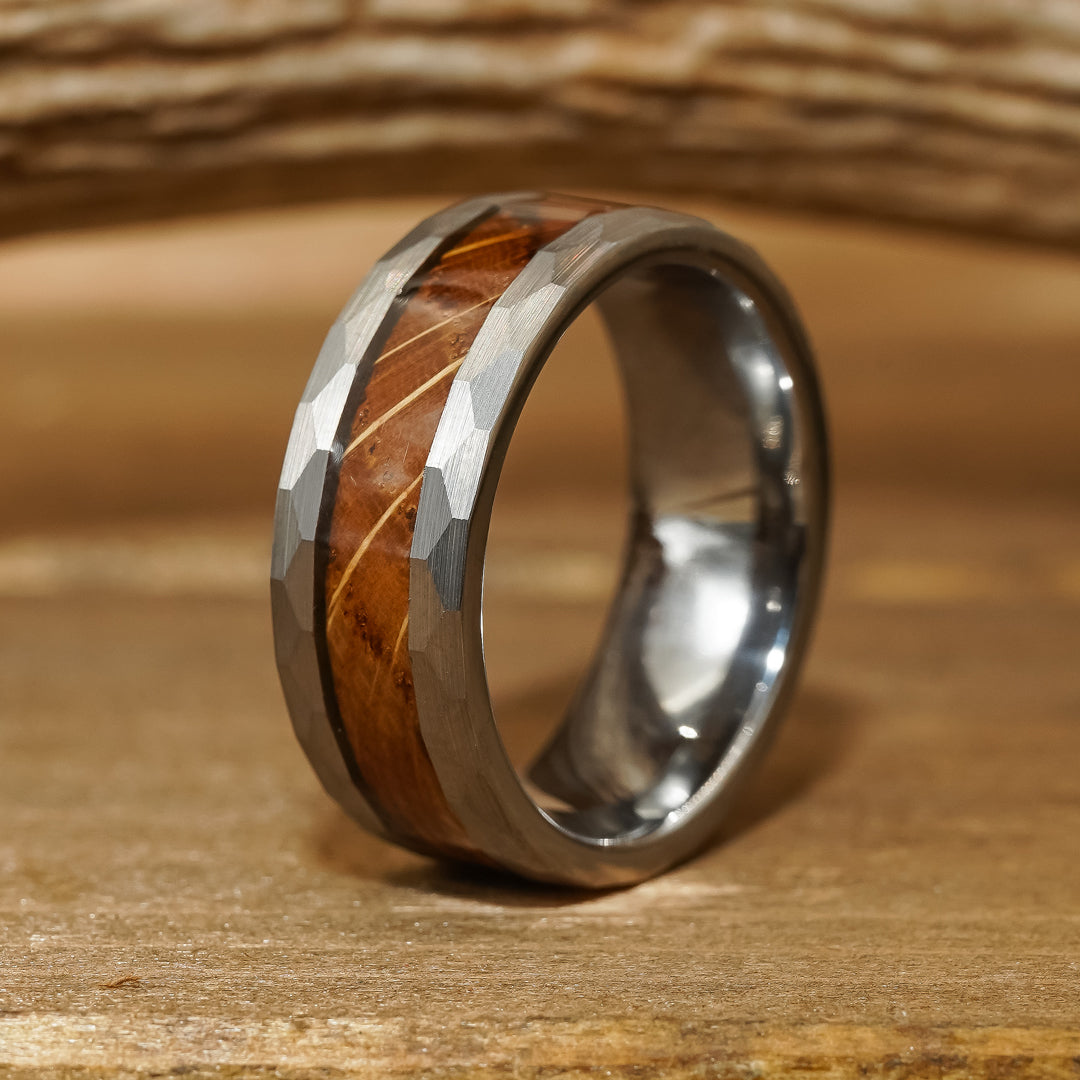  14K Gold Ring Wood and Tungsten Rings for Men Hammered