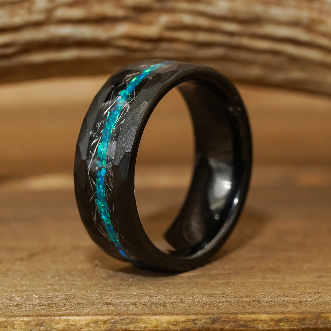 The Palo Verde Men's 8mm Black Tungsten Meteorite and Green Opal