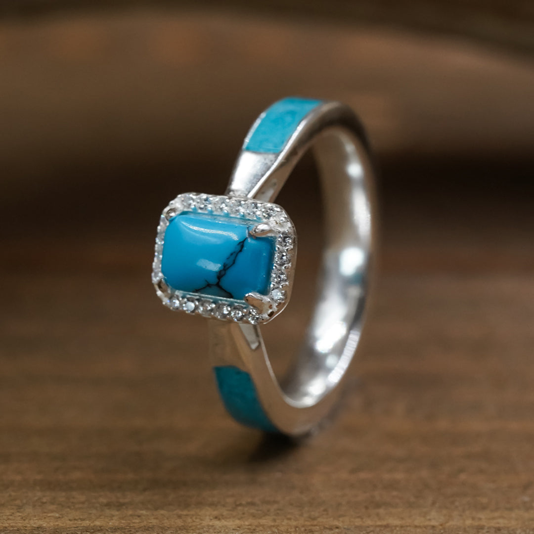 The Santorini Turquoise Emerald Cut Halo Cubic Zirconia