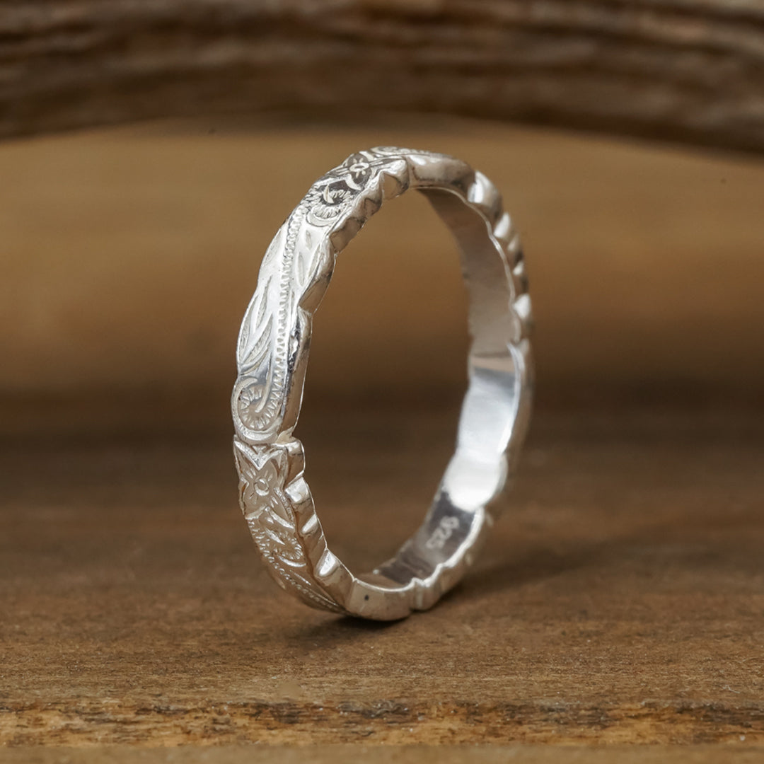 Floral Engraved Pavé Eternity Wedding Ring – Christine Alaniz Designs