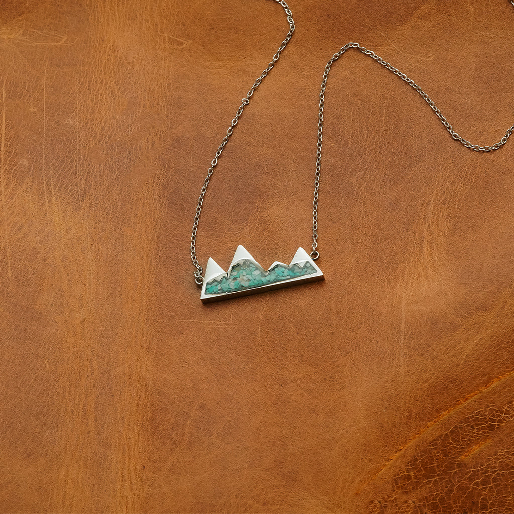 The Turquoise Mountain Range Stainless Steel Genuine Crushed Turquoise Gemstone Mountain Range Necklace AntlerRings