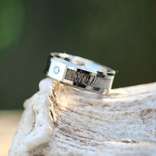 The Comanche | 8mm Tungsten Beveled Edge & .02 CT Stone Antler Ring