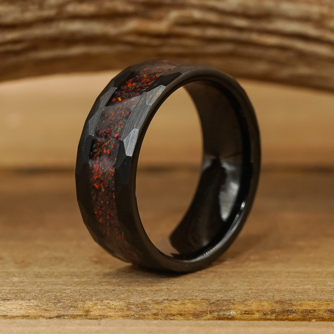 The Virgin Valley 8mm Black Tungsten Black Fire Opal Wedding